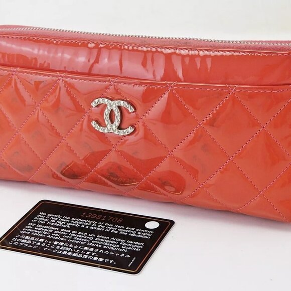 Authentic CHANEL Orange Patent Leather CC Long Wallet Zipper Coin - Picture 1 of 11
